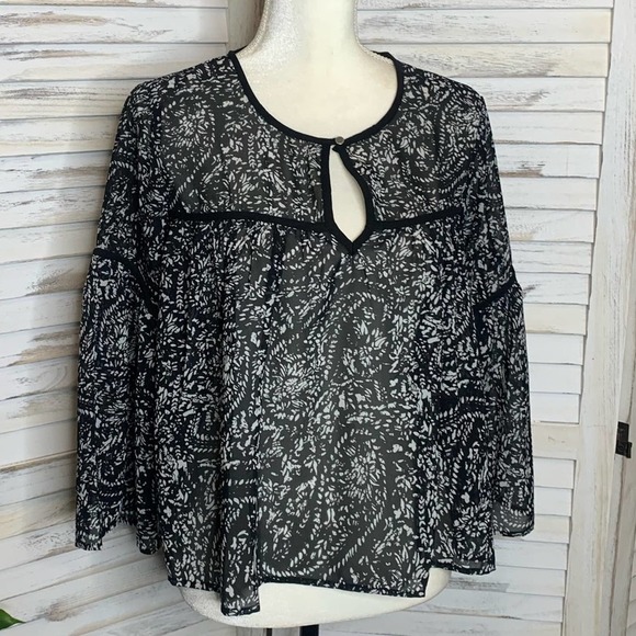 LUCKY BRAND Women’s S Floral Sheer Printed Bell Sleeve Blouse Boho Peasant Boxy - Picture 4 of 11
